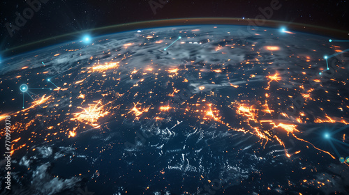 Many Satellites Flying over Earth as Seen from the Space, They Connect and Cover Planet with Digitalization Network of Information. Global Data Grid Connecting Whole World