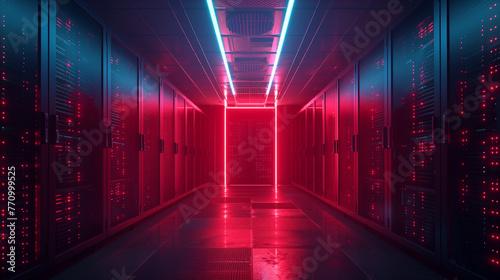 Modern Data Technology Center Server Racks in Dark Room with VFX. Visualization Concept of Internet of Things  Data Flow  Digitalization of Internet Traffic. Complex Electric Equipment Warehouse