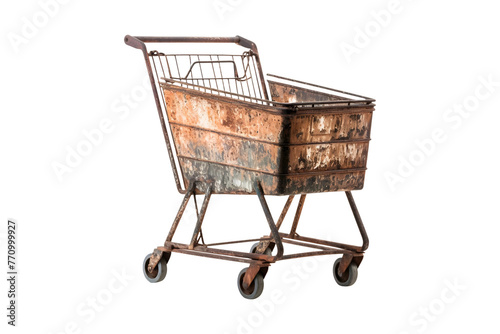 Old rust-eaten abandoned shopping cart with decay rust texture isolated on transparent background, PNG Cutout