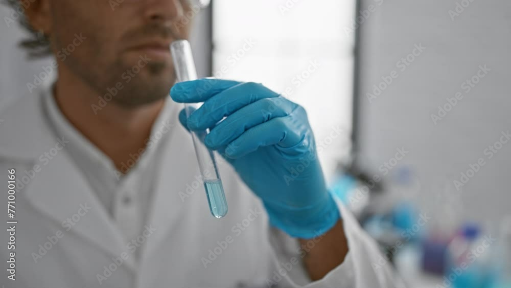 Hispanic scientist man with beard examines test tube in lab. Hispanic scientist man with beard examines test tube in lab.