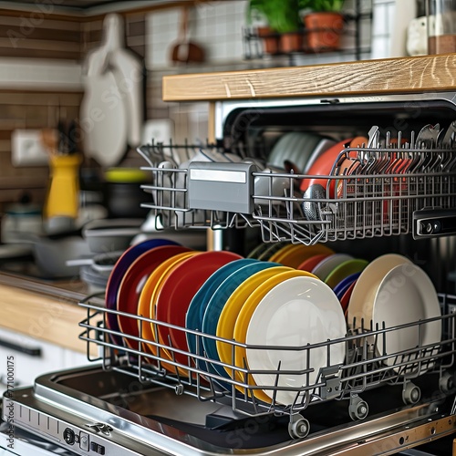 Dishwasher with clean colored dishes in the kitchen. Concept: household appliances, help, cleanliness, hygiene, household, lifestyle, house, apartment, technology,work, dirt.
