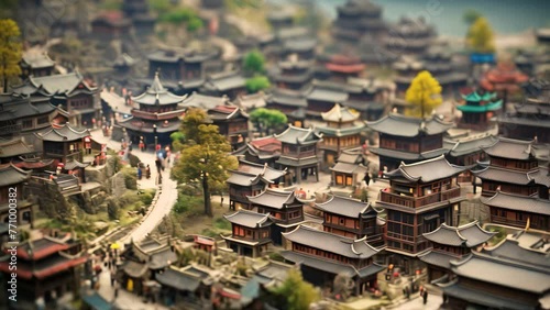 Miniature of a traditional Chinese village. Miniature of a miniature Chinese village, AI Generated photo