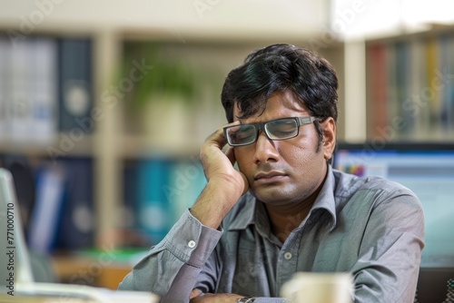 An Indian company employee experiencing stress and headache, working in a casual office. He portrays common workplace challenges, Generative AI