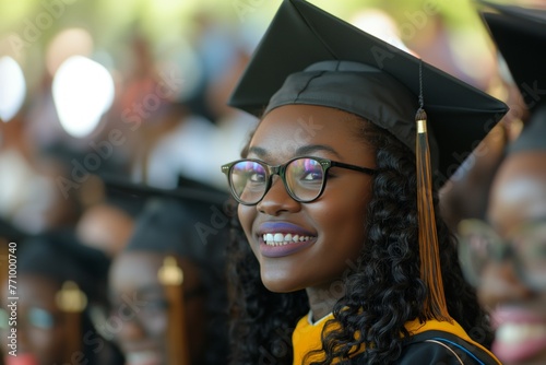 Smiling African American graduates in blue caps and gowns at a commencement ceremony