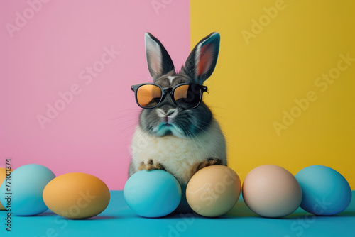 A rabbit wearing sunglasses emerges from the big egg with beautiful colorful shells on a flat color background. photo