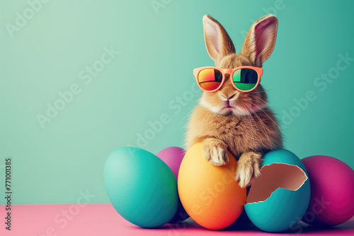 A rabbit wearing sunglasses emerges from the big egg with beautiful colorful shells on a flat color background. photo