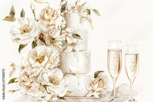 wedding illustration. multi-tiered white cake with flowers. Glasses of champagne. Postcard. Invitational