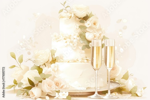 wedding illustration. multi-tiered white cake with flowers. Glasses of champagne. Postcard. Invitational