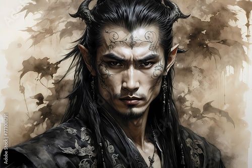 A hauntingly handsome Chinese warrior made with ink on old rice paper, handmade painting, traditional art style.