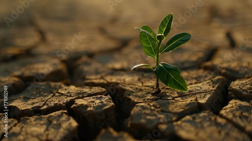 A small green plant growing in the cracked dry soil. environment, global warming, ecology