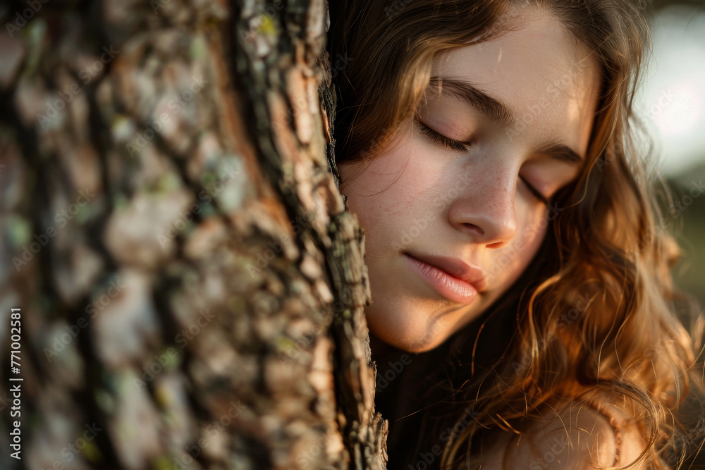 A woman is hugging a tree trunk and looking at the camera A woman is hugging a tree trunk and looking at the camera
