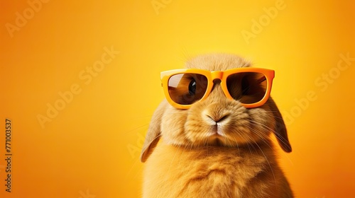 Rabbit with glasses. Close-up portrait of a rabbit. Anthopomorphic creature. A fictional character for advertising and marketing. Humorous character for graphic design.