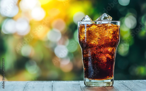 Cola with ice in the glass ready to drink for refresh on blur background