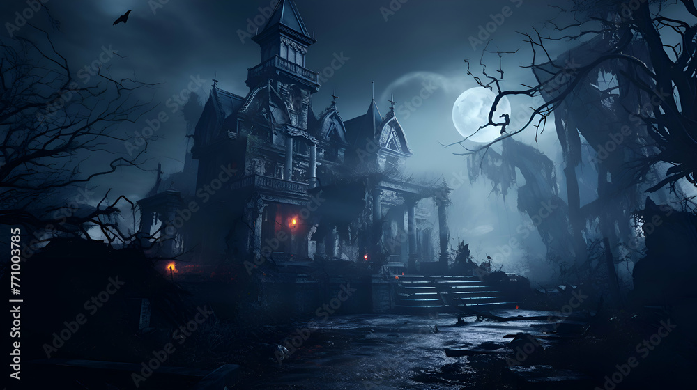 Halloween background with haunted house and full moon. 3d rendering