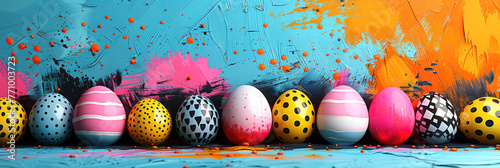 The Cluttercore-dyed Easter egg card design features rich colors and bold strokes. Festive and bright banner. photo