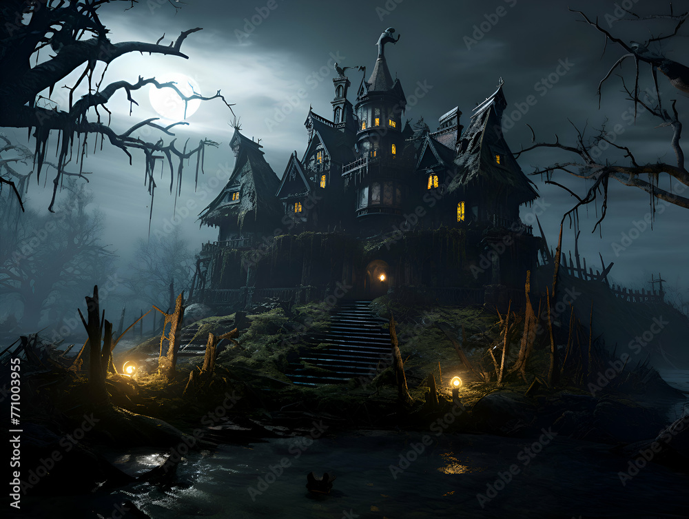 Halloween background with a haunted house in the forest. 3D rendering
