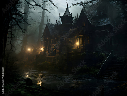Halloween background with haunted house in spooky forest. Horror Halloween concept