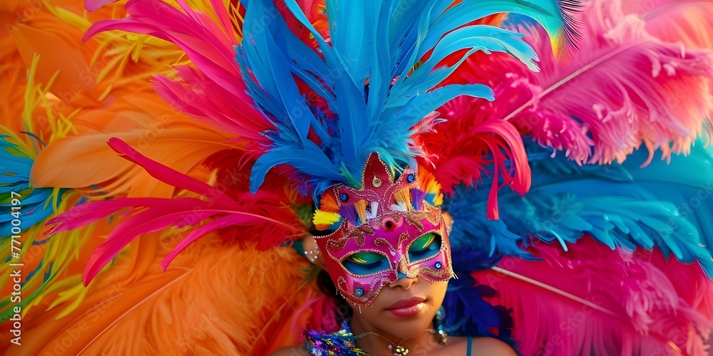 Woman in vibrant feather mask dances at Bolivian carnival celebrating Latin American culture and traditional attire. Concept Cultural Festivals, Latin American Traditions, Colorful Costumes