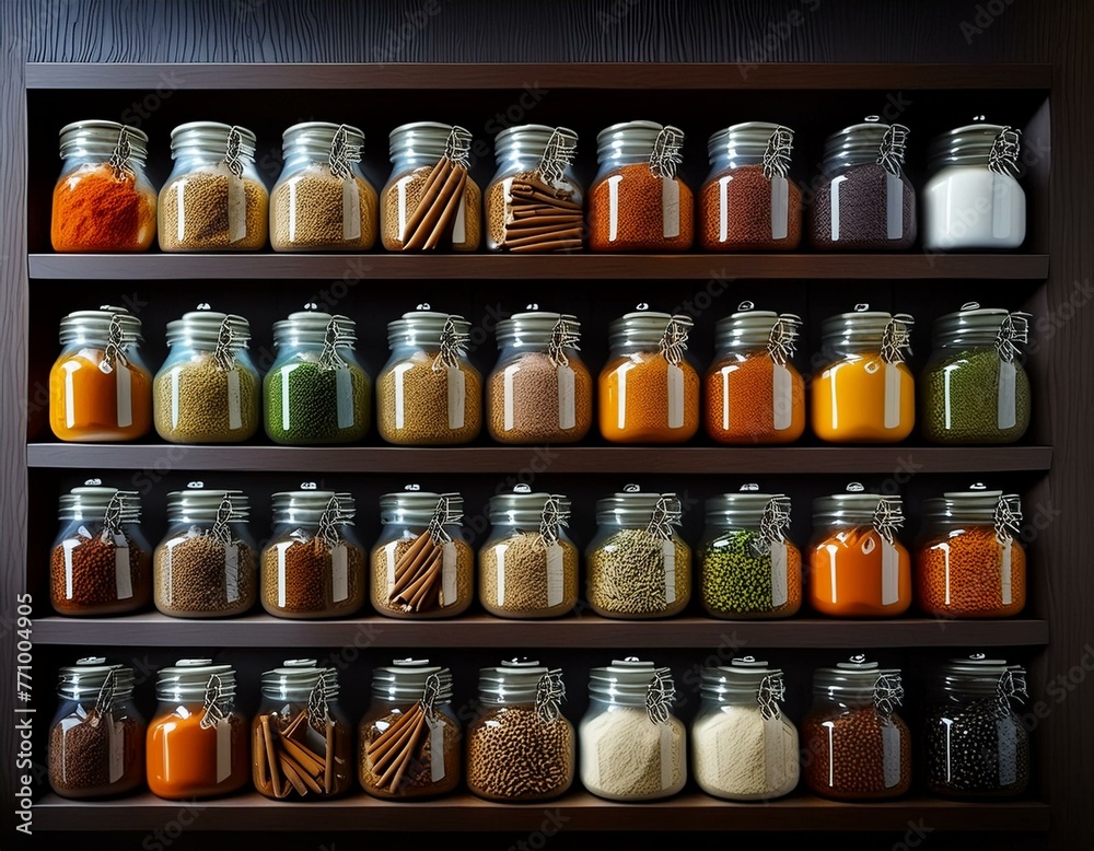 Spice Haven: Abundance of Flavorful Jars Adorning a Spice Shelf Spice Haven: Abundance of Flavorful Jars Adorning a Spice Shelf