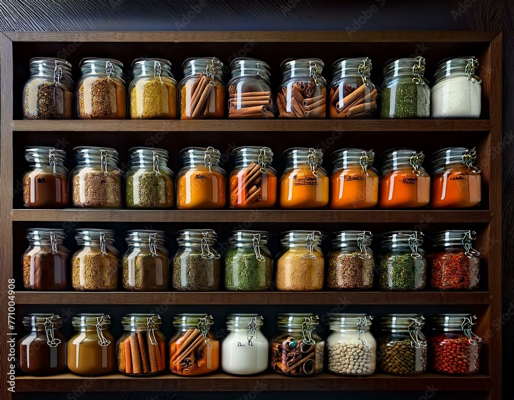 Spice Haven: Abundance of Flavorful Jars Adorning a Spice Shelf