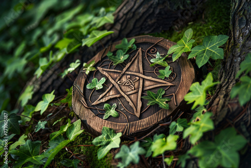 A wooden circle with a star on it is surrounded by green ivy #771005187