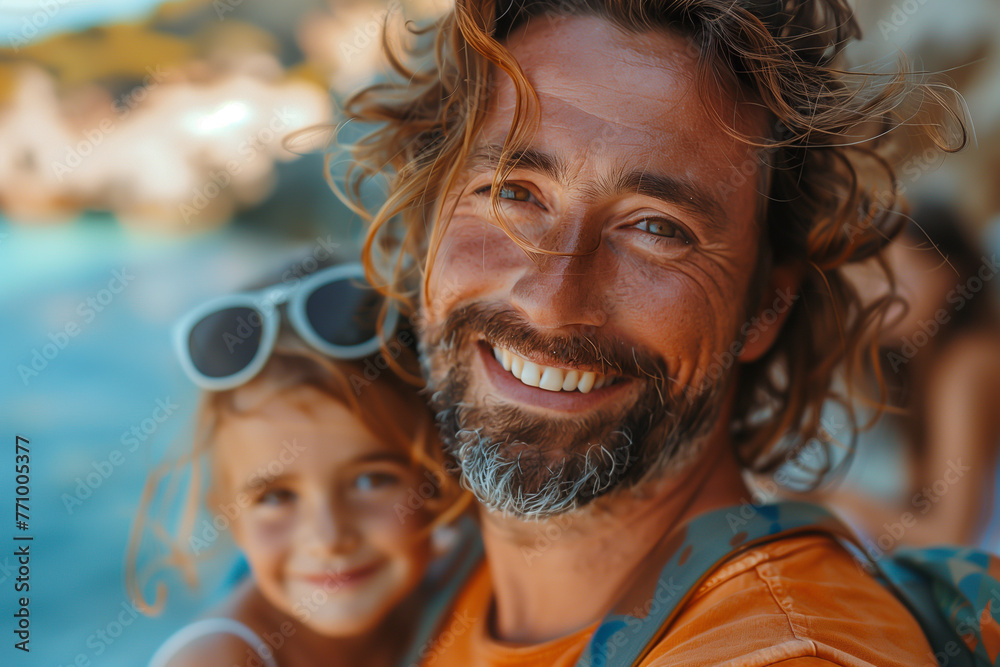 Man and his daughter on beach, white ethnicity, family, fun, togetherness - obrazy, fototapety, plakaty 
