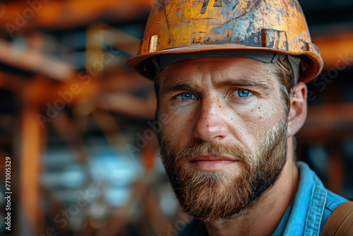 Construction worker, hardhat, beard, white ethnicity, portrait