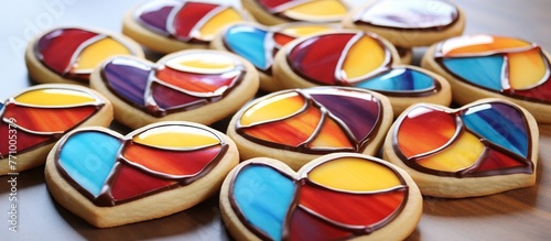 Delicious heart shaped cookies with stained glass designs  a beautiful fusion of food and art  displayed on a table as baked goods