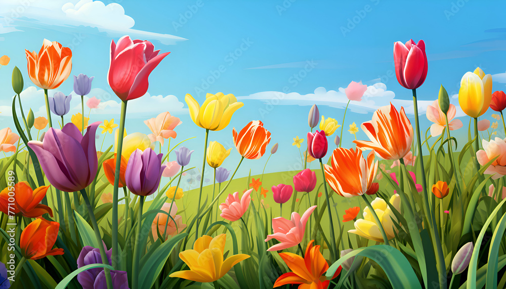 Beautiful spring landscape with colorful tulip flowers. Vector illustration.