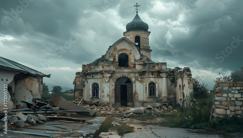 Destroyed church building in cloudy weather.