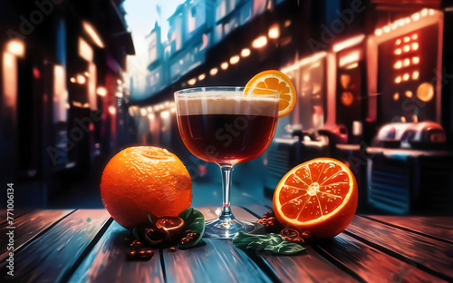 A coffee and orange juice cocktail on street food table illustration