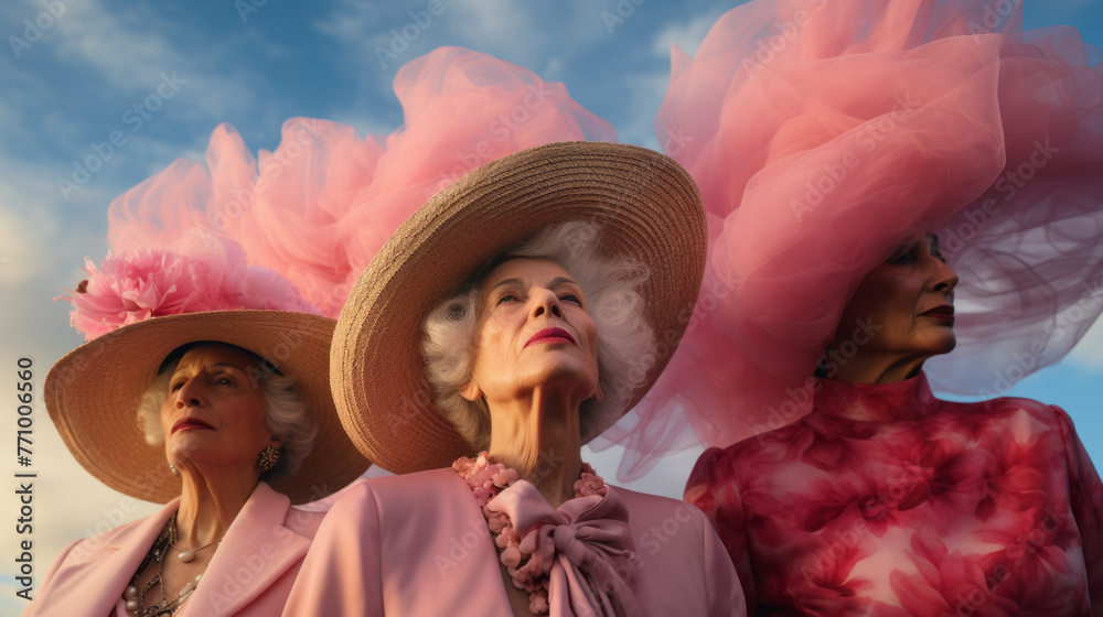 Three older women posing while wearing pink outrageous flat caps hats and flamboyant and eccentric clothing. - obrazy, fototapety, plakaty 