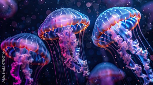 Glowing jellyfish swim deep in blue sea.  Isolated on a black background. © Ekaterina