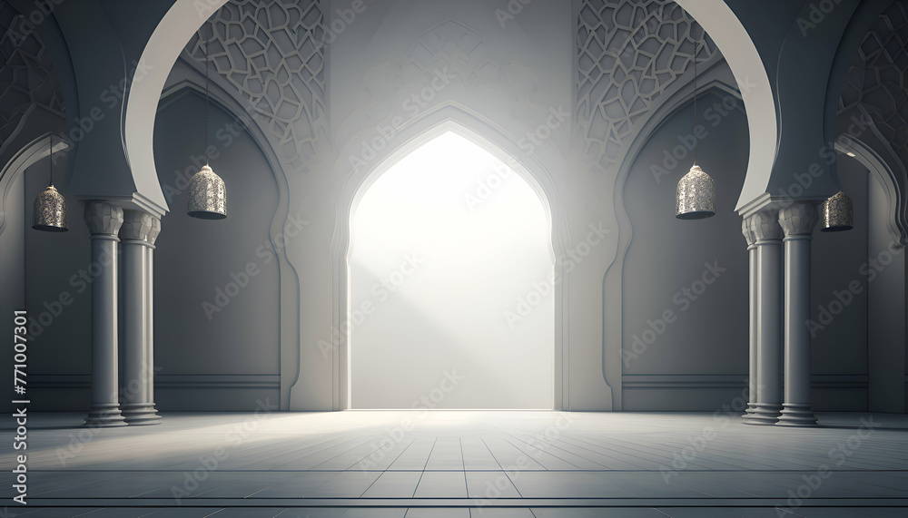 3d rendering of mosque door with arabic pattern and columns