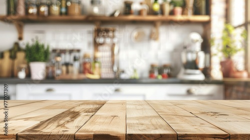Wood table top on blurred kitchen background. can be used mock up for montage products display or design layout - generative ai photo