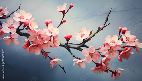 cherry blossom tree branch with pink flowers on blue sky background