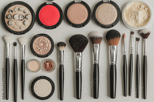 Flawlessly organized flat lay of makeup brushes, powders, and compacts, showcasing neatness and elegance.