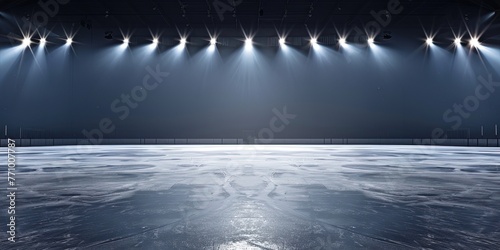 An empty winter background with ice rink and a spotlight shines on it. Bright lighting with spotlights.
