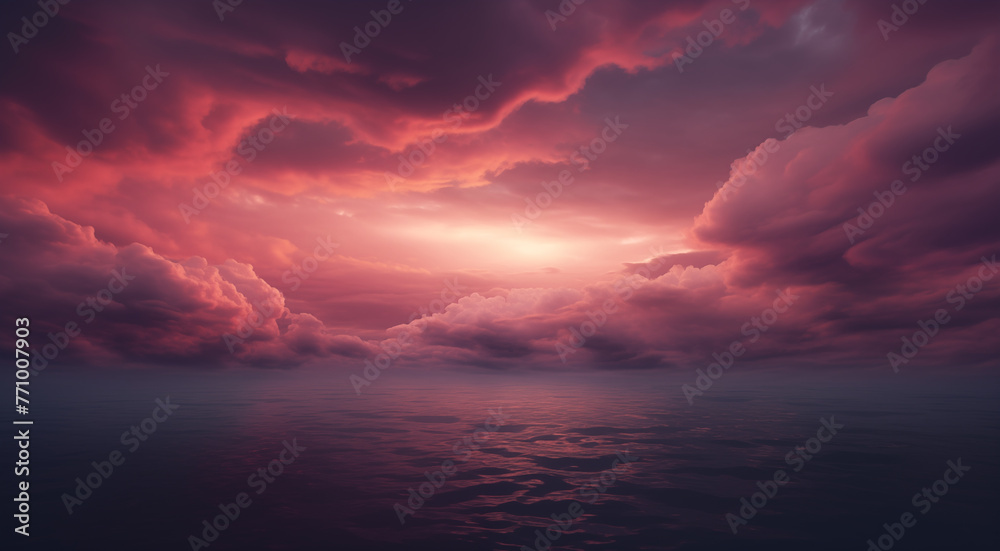 mesmerizing spectacle of a stormy cloudscape, painted in shades of pink and purple, granting an aerial vista amidst swirling clouds. Above the vast ocean, cinematic lighting - obrazy, fototapety, plakaty 