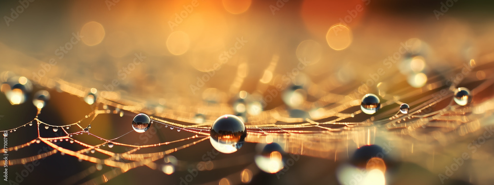 Obraz premium Golden Sunrise Through Dew on a Spider Web