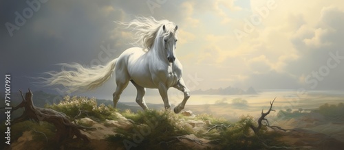 A majestic white horse gallops across the grassy hill  under a sky filled with fluffy clouds. Its elegant form embodies the beauty of a working animal in harmony with nature