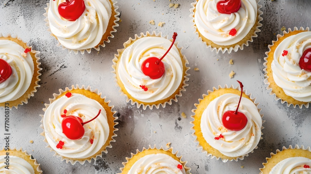 Assorted Vanilla Cupcakes with Creamy Frosting and a Cherry on Top. Delightful Desserts for Parties. Tasty Homemade Baking. Sweet Treats on a Marble Surface. Ideal for Celebrations. AI Assorted Vanilla Cupcakes with Creamy Frosting and a Cherry on Top. Delightful Desserts for Parties. Tasty Homemade Baking. Sweet Treats on a Marble Surface. Ideal for Celebrations. AI