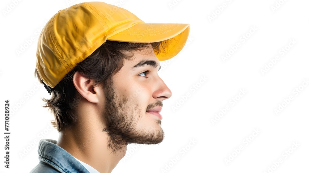 Young man in profile wearing a yellow cap. Casual style, light background. Modern and youthful image perfect for lifestyle content. AI Young man in profile wearing a yellow cap. Casual style, light background. Modern and youthful image perfect for lifestyle content. AI