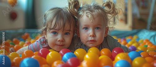Children playing with colorful balls at kindergarten and having fun together