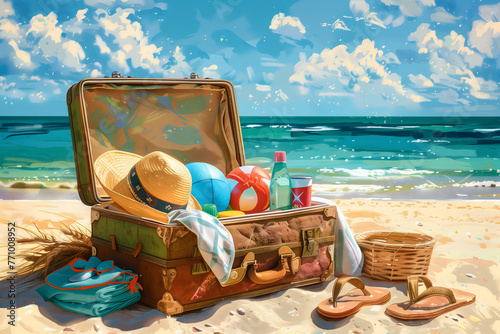 Open vintage suitcase filled with beach accessories sitting on the beach