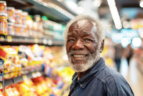 Portrait of an elder black man grocery shopping looking at the camera