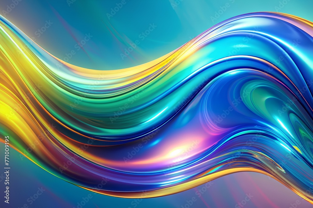 Obraz premium Holographic Fluid Wave Illustration blue, green, yellow, Background: A Seamless Fusion of Artistic Expression and Futuristic Design Sensibilities, Business Background