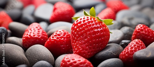 A strawberry, a seedless fruit and superfood, sits atop a mound of rocks. This berry is a staple food known for its natural sweetness and versatility in cuisine photo