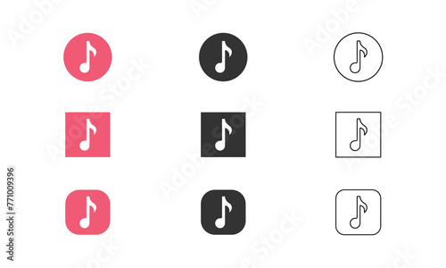 Minimalistick music player icons in circle and rectangle. Sound service button vector icon set.