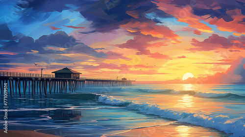  abstract painting old Naples Pier florida USA. illustration.